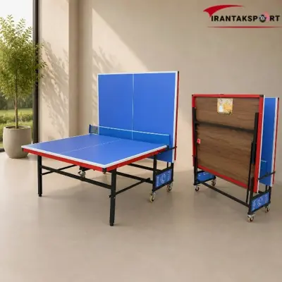 میز پینگ پنگ نیمه تاشده در کنار بخش جمع شده با زیرصفحه طرح چوب - تصویر دوم